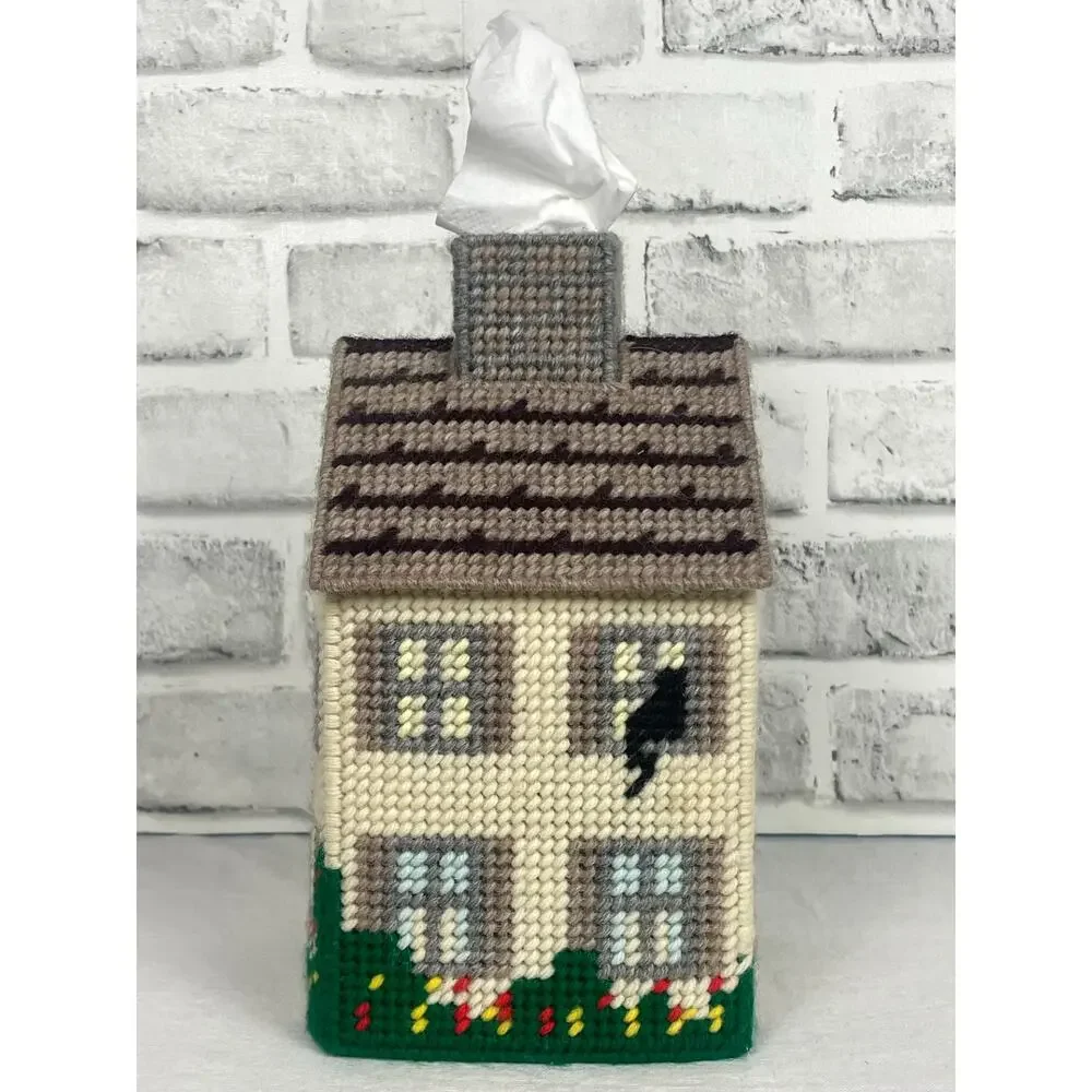 Vintage Needlepoint Tissue Box Cover House Cottage Plastic Canvas Handmade Craft